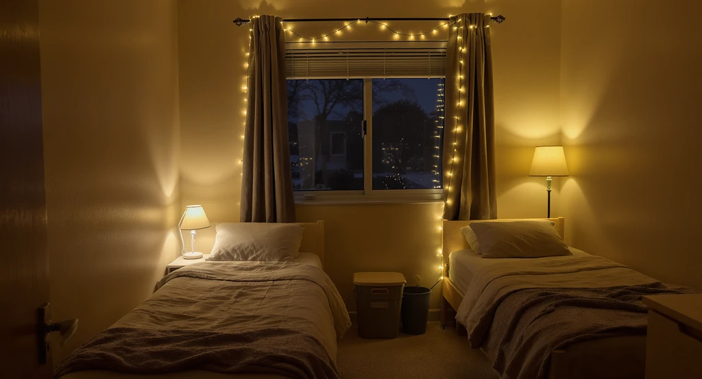 Cozy dorm room with layered lighting—desk lamp, string lights, and floor lamp. Shows ai dorm room design ideas on a budget and virtual dorm room makeover with ai.