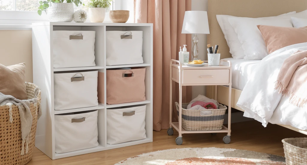 Budget-friendly dorm room organized with stackable cubes, matching fabric bins, under-bed storage baskets, and a rolling cart, as visualized with ai dorm room design ideas on a budget and affordable ai interior design tools for students.