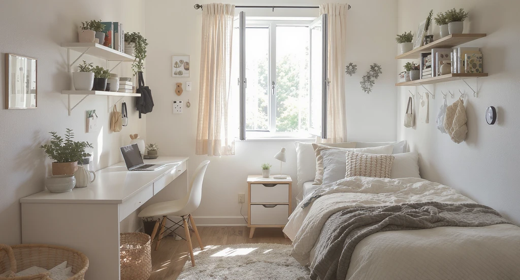 Budget-friendly ai dorm room design ideas using virtual dorm room makeover tools; realistic space-saving dorm lays out affordable student furniture and decor.