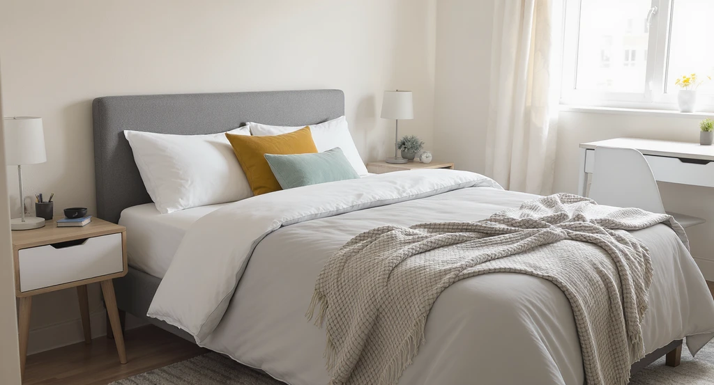 Neutral dorm bed styled with a solid comforter, two colorful throw pillows, and a textured blanket, showing ai dorm room design ideas on a budget and how to visualize dorm decor with ai for a cozy, affordable student space.