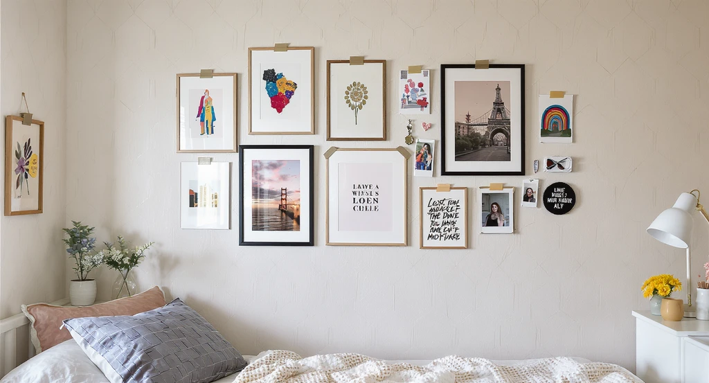 Budget dorm room gallery wall with stick-on wallpaper, washi-taped art prints, postcards, Polaroids, and mementos, displaying ai dorm room design ideas on a budget and how to visualize dorm decor with ai tools. No people are shown.