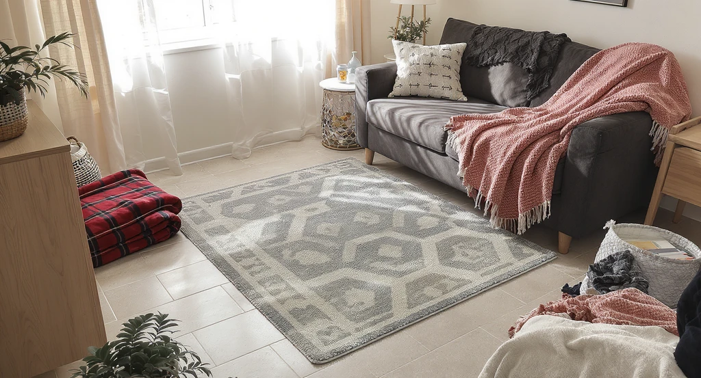 Ultra-realistic dorm room hangout zone showing a budget area rug and layered picnic blanket, with cozy throw blankets for affordable ai dorm decor ideas.