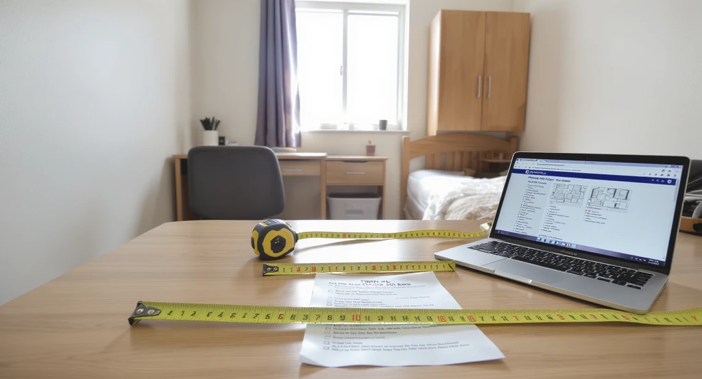Photorealistic dorm room setup with housing checklist, tape measure on a Twin XL bed, and an open laptop showing a virtual dorm room planner for ai dorm room layout planning, how to visualize dorm room design ai, ai tools for organizing small dorm spaces, virtual dorm room makeover with ai, maximize dorm storage using ai design.