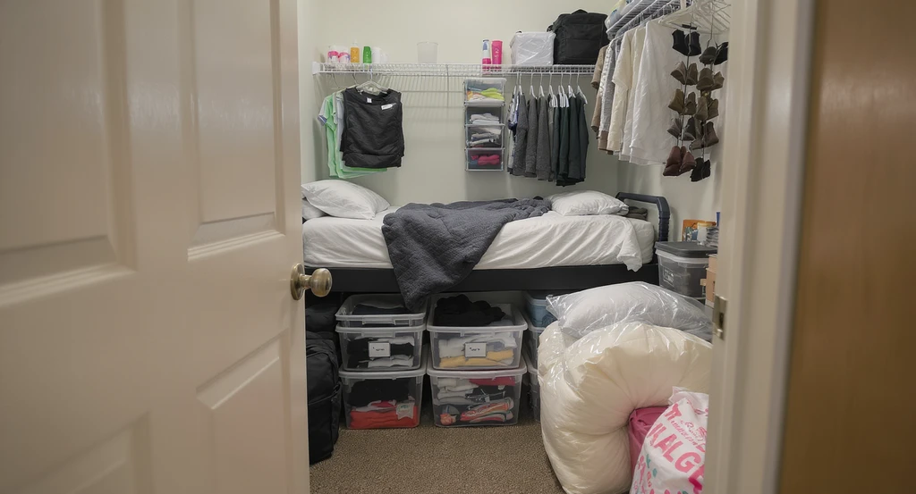 Photorealistic dorm room organized with under-bed bins, hanging closet shelves, XL moving bags, and over-door organizers—maximizing dorm storage using ai dorm room layout planner and ai tools for organizing small dorm spaces.