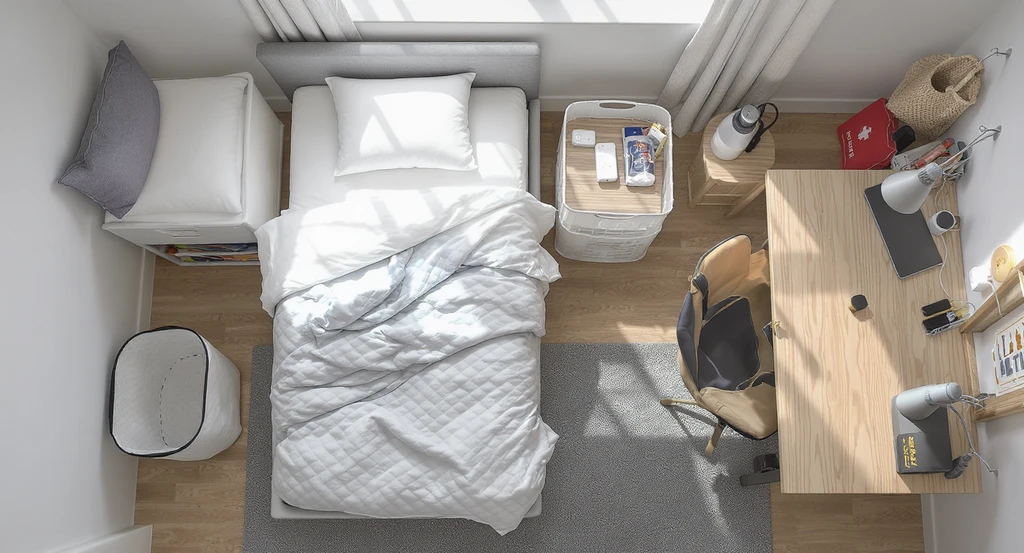 Top-down photorealistic view of essential dorm room items arranged using ai dorm room layout planner; maximize dorm storage using ai design tools for small spaces.
