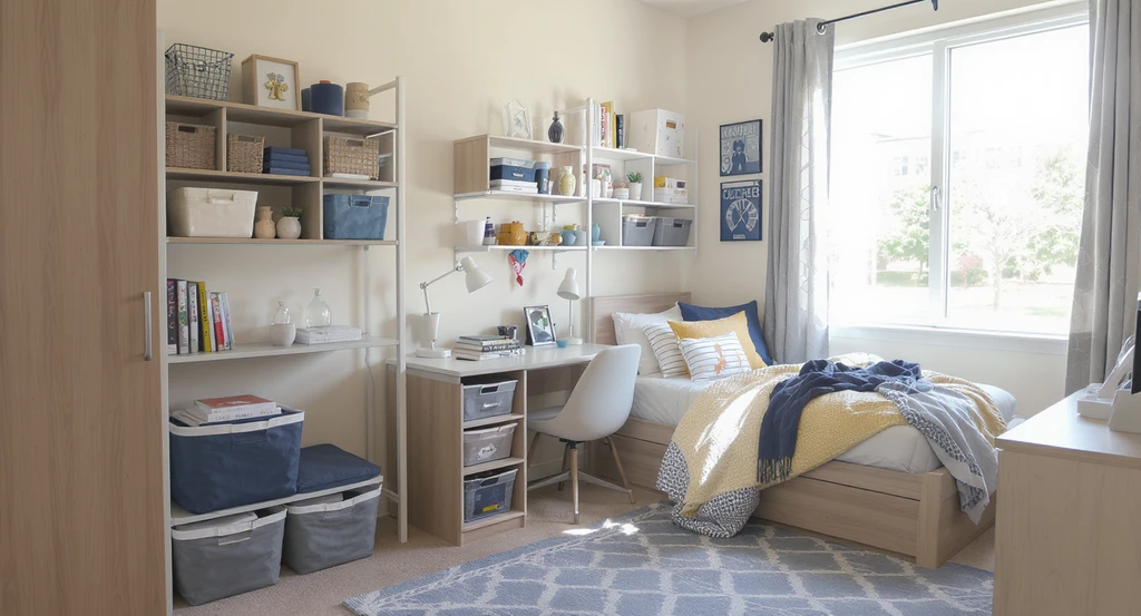 Modern dorm room organized using AI dorm room layout planner and ai tools for organizing small dorm spaces, showing a smart, clutter-free setup with natural lighting that highlights how to visualize dorm room design ai and maximize dorm storage using ai design.