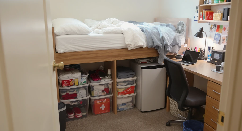 Organized college dorm room with bedding, storage bins, tech devices, a shower caddy, mini fridge, and essential supplies for students. Dorm room design checklist for college students, best layout for small dorm rooms, essential items to pack for college dorm, budget-friendly dorm room decorating ideas.