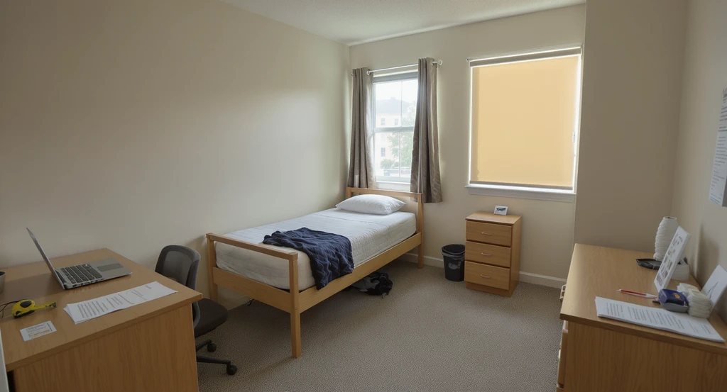 Photorealistic college dorm room with Twin XL bed, desk, chair, dresser, packing checklist, and move-in essentials, showcasing best layout for small dorm rooms and budget-friendly dorm room decorating ideas.