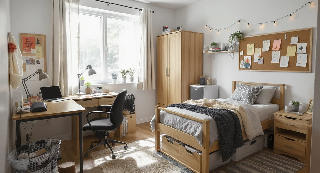 Photorealistic view of an organized small college dorm room with dual study desks, storage solutions, and essential items, showing best layout ideas for students.