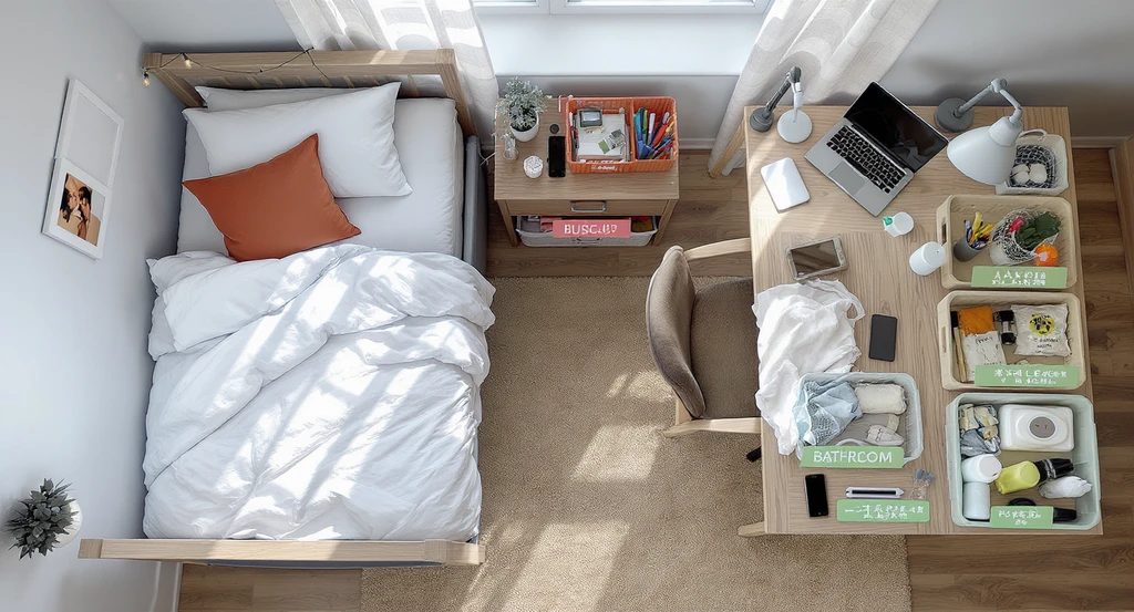 Overhead view of an organized college dorm room layout showing bedding, storage, school supplies, decor, bathroom items, and cleaning essentials, all arranged by budget category. Dorm room design checklist for college students, best layout for small dorm rooms, how to organize shared dorm spaces.