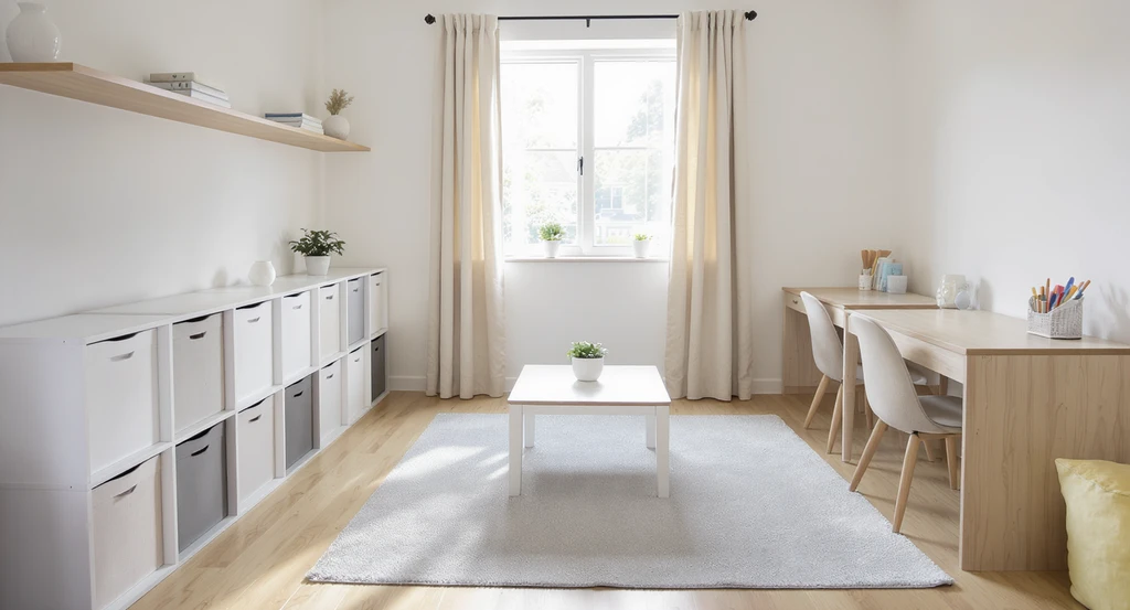 Neutral dorm room setup featuring shared white storage cubes, light wood desks with white organizers, a pale gray rug, and beige curtains. Virtual staging ai for dorm rooms and how to blend roommate styles with ai design are illustrated in this setup.