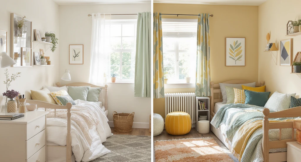 Virtual staging AI for dorm rooms shows a shared dorm styled with two different aesthetics unified by a consistent cream, sage, and white color palette. Using an AI dorm room design tool tutorial helps to blend roommate styles with AI design, showcasing how to unify mixed aesthetics in a real space.