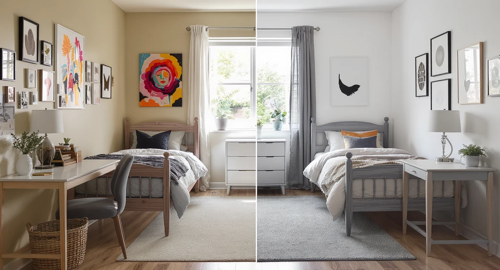 Modern dorm room with two style zones divided by a neutral area rug and central dresser, exemplifying how to blend roommate styles with ai design.