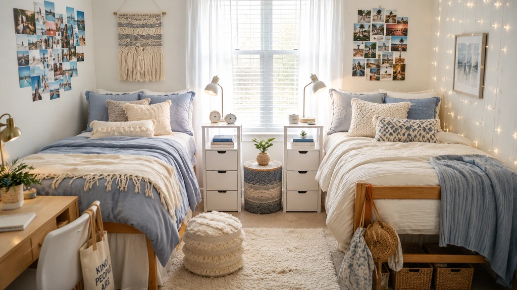 Highly realistic shared dorm room with contrasting décor styles: cozy bohemian on one side and sleek modern minimalist on the other, unified using ai dorm room design tool tutorial and virtual staging ai for dorm rooms to blend distinct aesthetics in a real dorm setting.