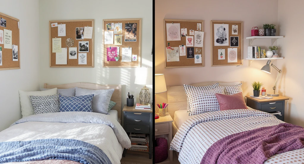 Editorial dorm room scene showing two personalized zones with distinct bedding, décor styles, and pinboards, unified by accent colors and cozy textures. AI dorm room design tool tutorial, virtual staging ai for dorm rooms, how to blend roommate styles with ai design, using ai to unify mixed aesthetics.