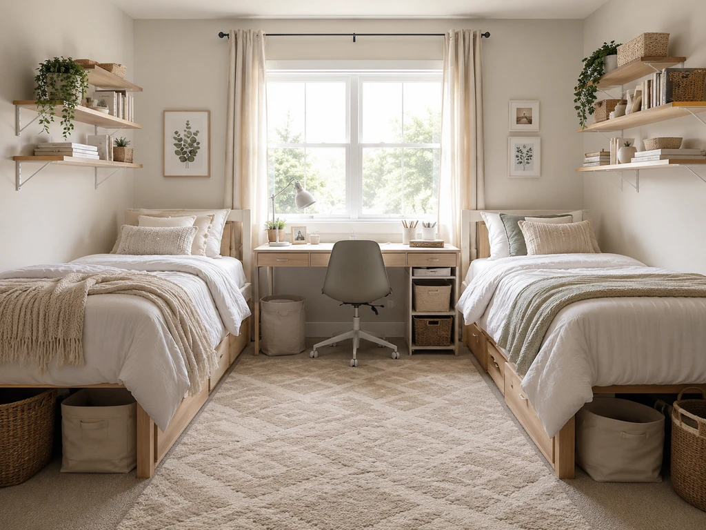 Modern shared dorm room showcasing coordinated color palettes, dual beds, clever storage solutions, and organized study areas for roommates.