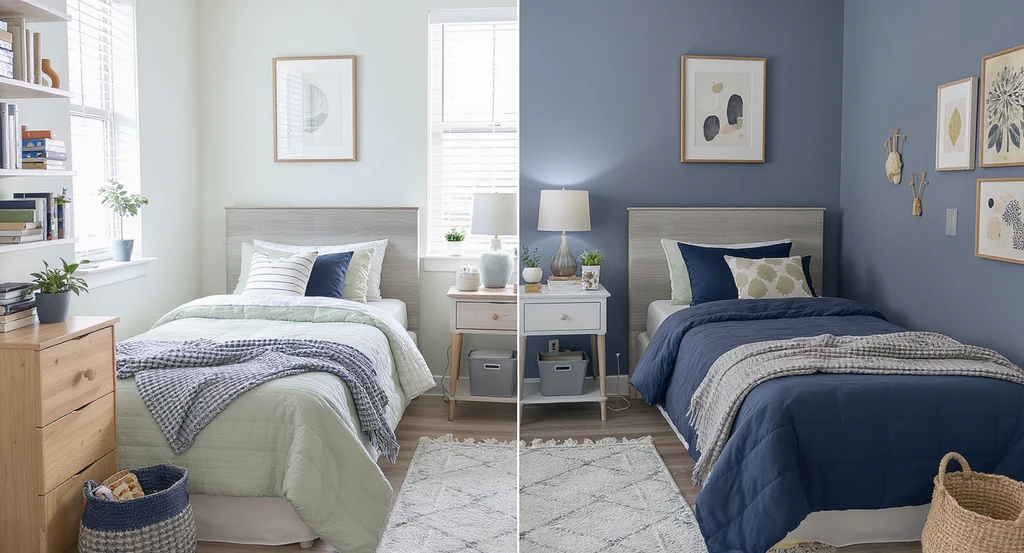 Shared dorm room showing two beds styled with coordinating color palettes for roommates, demonstrating best dorm design and small space storage ideas.