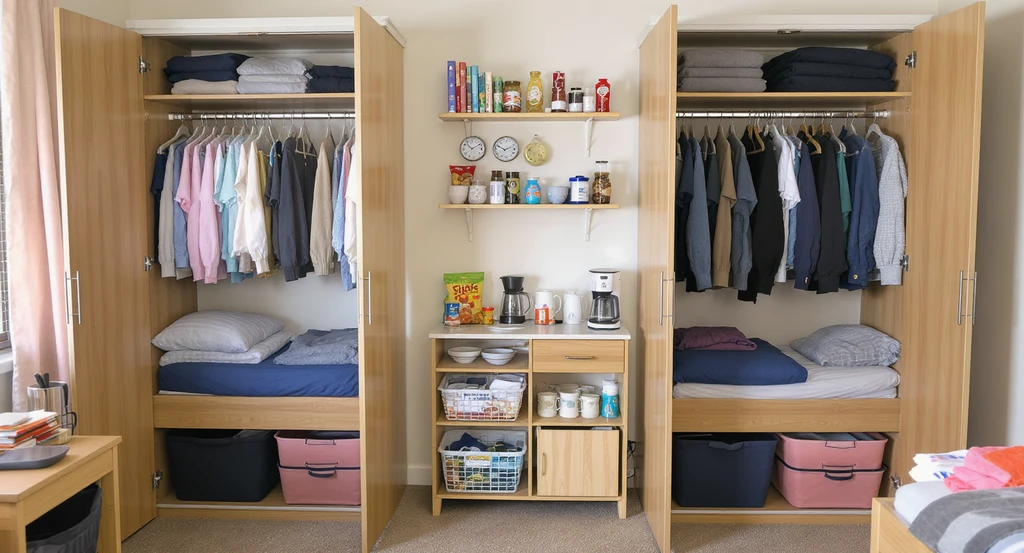 Split dorm closet, under-bed storage bins, and shared bookshelf with a snack and coffee station, showcasing shared dorm room design ideas for roommates and the best small space storage solutions for dorms in coordinated color palettes.