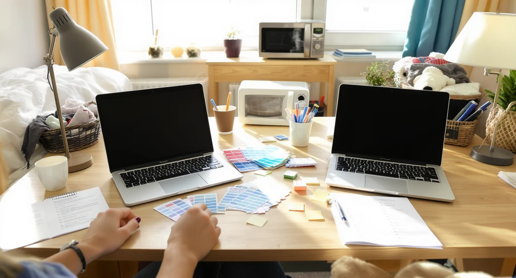 Shared dorm room desk setup for roommates with laptops, bedding swatches, color palettes, shared checklist, and small space storage ideas.