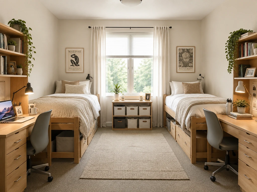 Shared dorm room with two beds in different styles, neutral shared storage, movable desks, and a flexible layout illustrating roommate-friendly dorm design ideas.