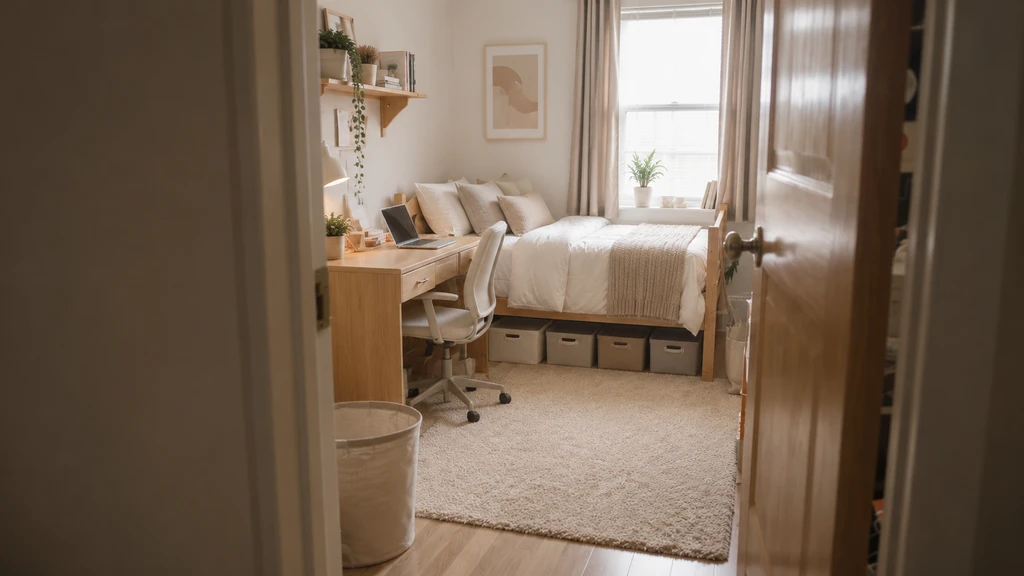 Smart dorm room layout showing right size furniture, correct storage bins under bed, and perfect-fit rug—avoid dorm shopping mistakes with these tips.