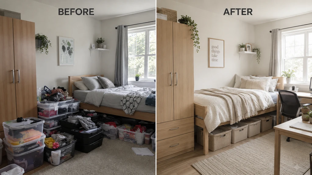 Split view of a dorm room: one side crowded with excess storage bins and clutter, other side neat with just a few smart organizers and open space. Avoid furniture buying mistakes in dorms and does my dorm room need extra storage bins.