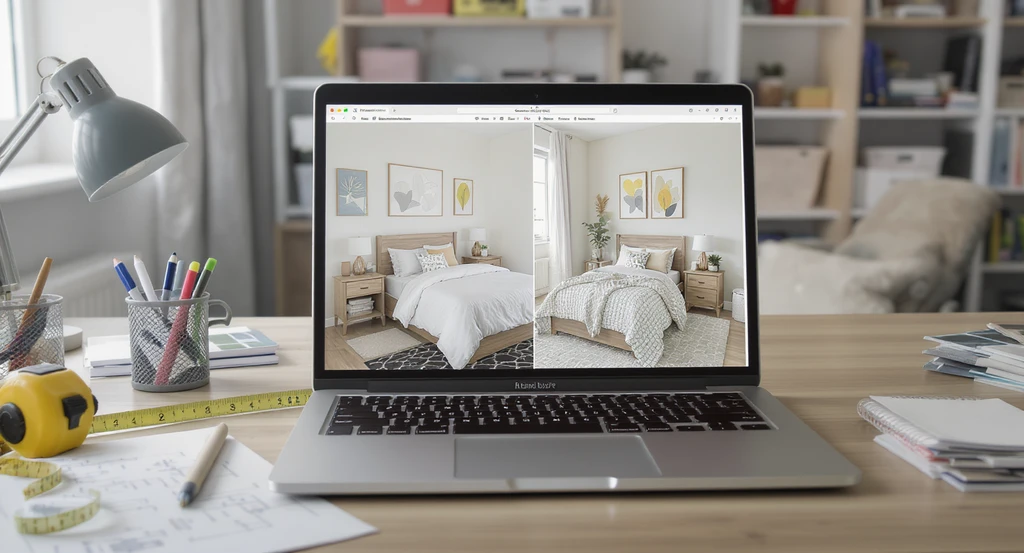 A laptop on a dorm desk shows before-and-after images of a real dorm room, illustrating how to avoid furniture buying mistakes in dorms by choosing the right size and layout. Measuring tape, floor plan notes, and storage bins highlight tips for selecting dorm furniture, avoiding common mistakes with rugs, and deciding if extra storage is needed.