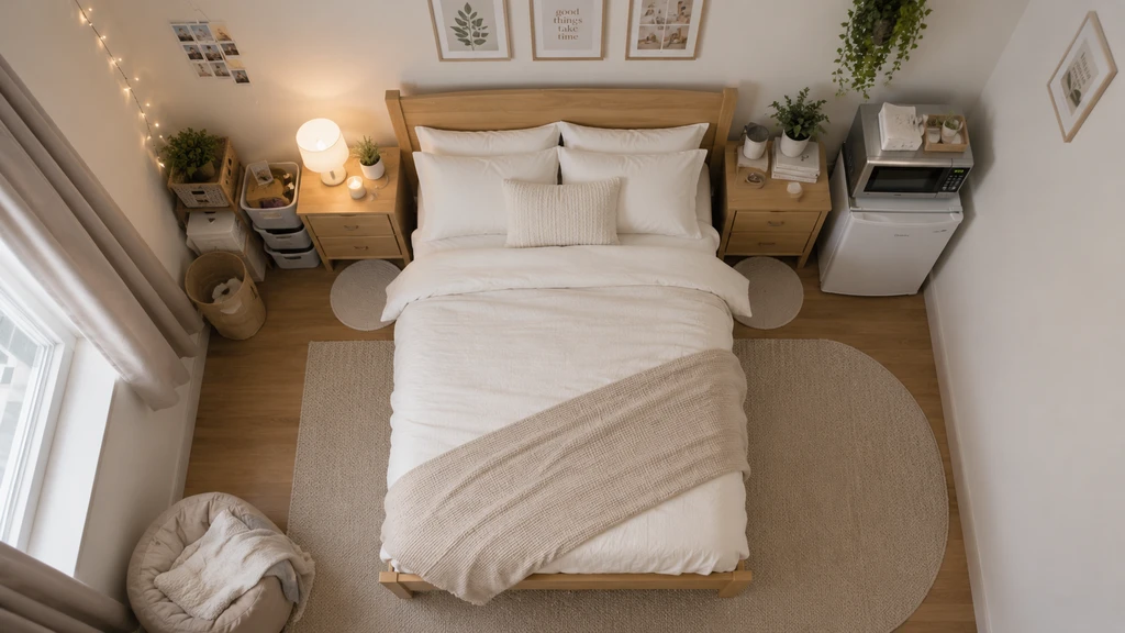 Organized dorm room showing budgeted essentials like a Twin XL bedding set, storage bins, desk lamp, mini fridge, and small décor. Avoid furniture buying mistakes in dorms with smart layout tips and how to choose right size dorm furniture.
