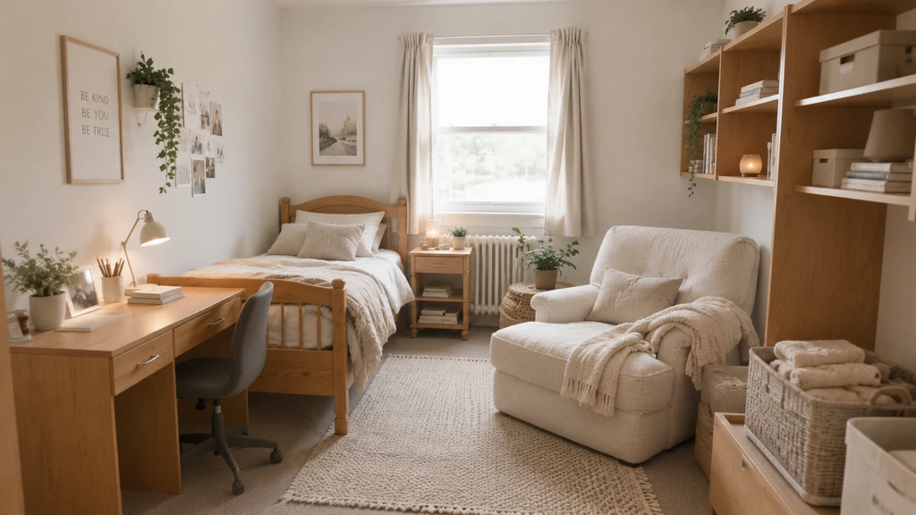 A small, empty dorm room with built-in shelves, unopened boxes labeled 'extra chair,' 'organizers,' and an oversized rolled rug, illustrating avoid furniture buying mistakes in dorms by waiting to measure your space.