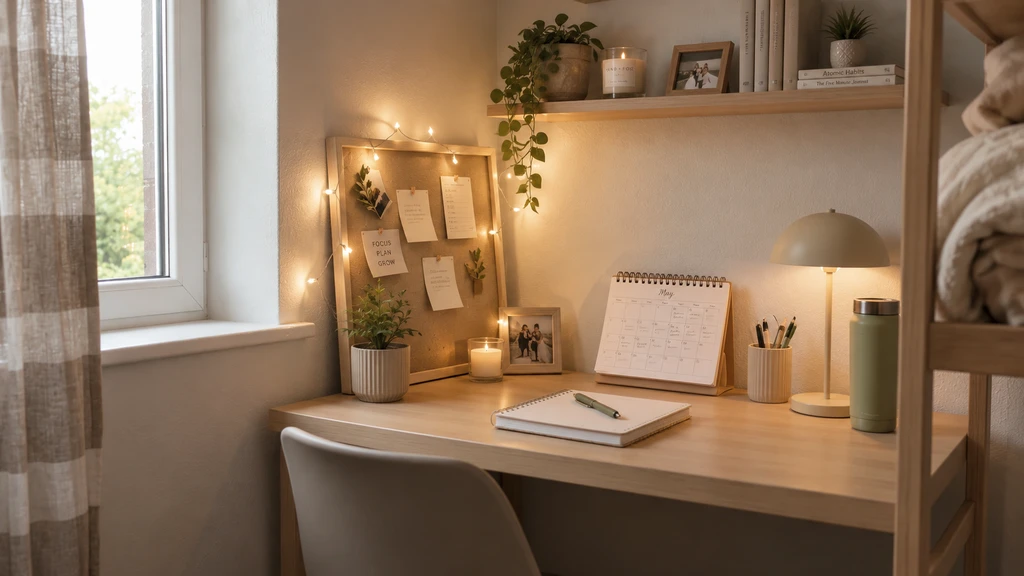 A personalized dorm room corner with a desk, mini corkboard, dry erase calendar, LED lights, and a plant. Showcases ai dorm room makeover ideas for students.
