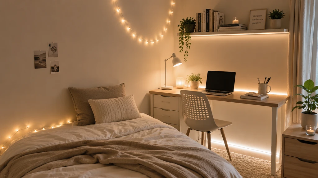 Photorealistic dorm room with string lights, desk lamp, LED light strip, and puck lights, demonstrating ai dorm room makeover ideas for students.