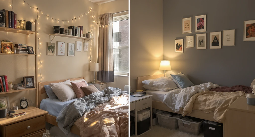 Ultra-realistic dorm room makeover showing cozy upgraded bedding, fairy string lights, organized shelves, and removable wall décor. Perfect for personalizing space using ai dorm room makeover ideas and how to visualize dorm room with ai for small rooms.