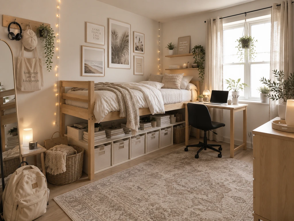 Photorealistic dorm room with smart storage, modular furniture, and creative decorations, showing ai dorm room makeover ideas and how to visualize dorm room with ai tools for students.
