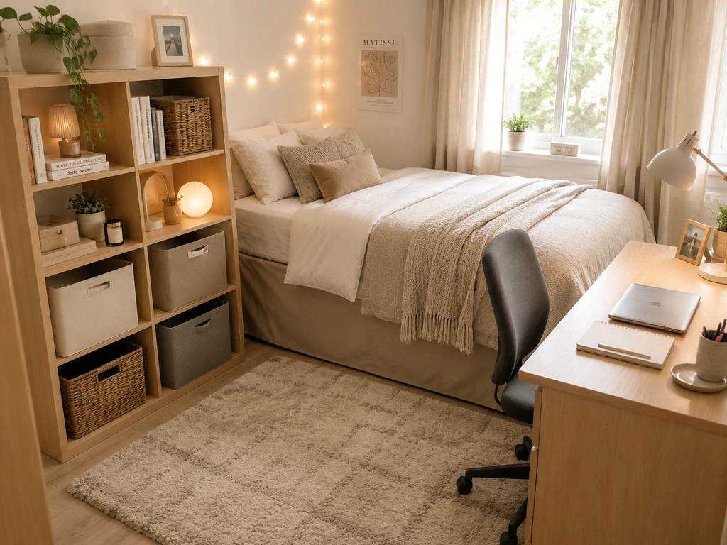 Photorealistic dorm room with a washable area rug over stained floor, bed skirt hiding storage, decorative baskets, and a desk topped with removable contact paper. Optimized for ai dorm room makeover ideas, ai solutions for small dorm spaces, and personalizing dorm rooms using ai visualization.
