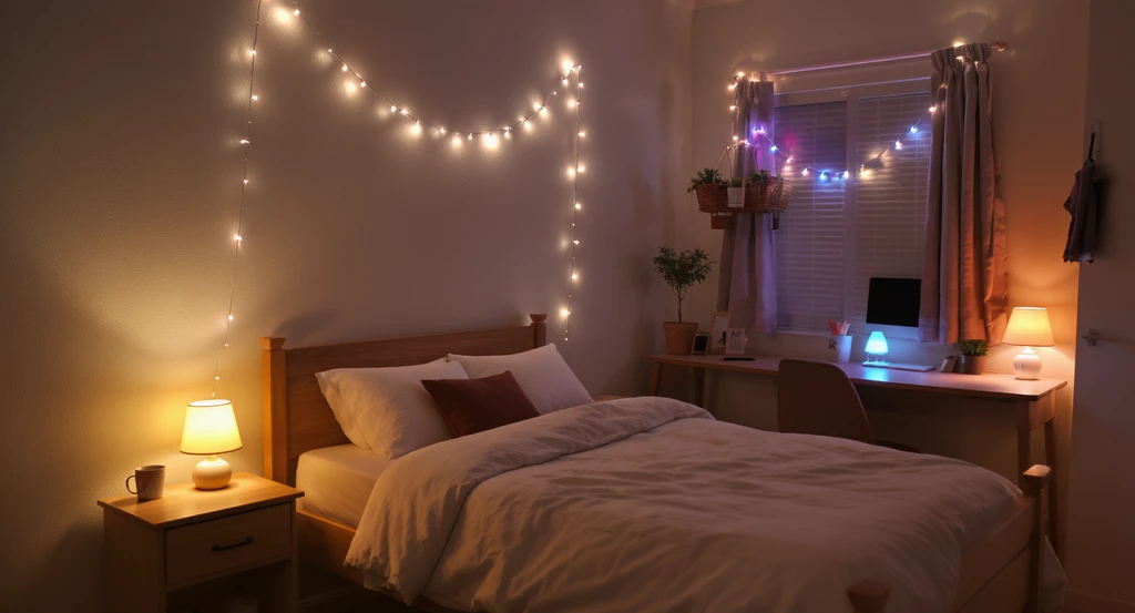 Photorealistic dorm room with AI dorm room design ideas: warm bedside lamp, LED string lights, and color-changing desk lamp for cozy, organized student housing.