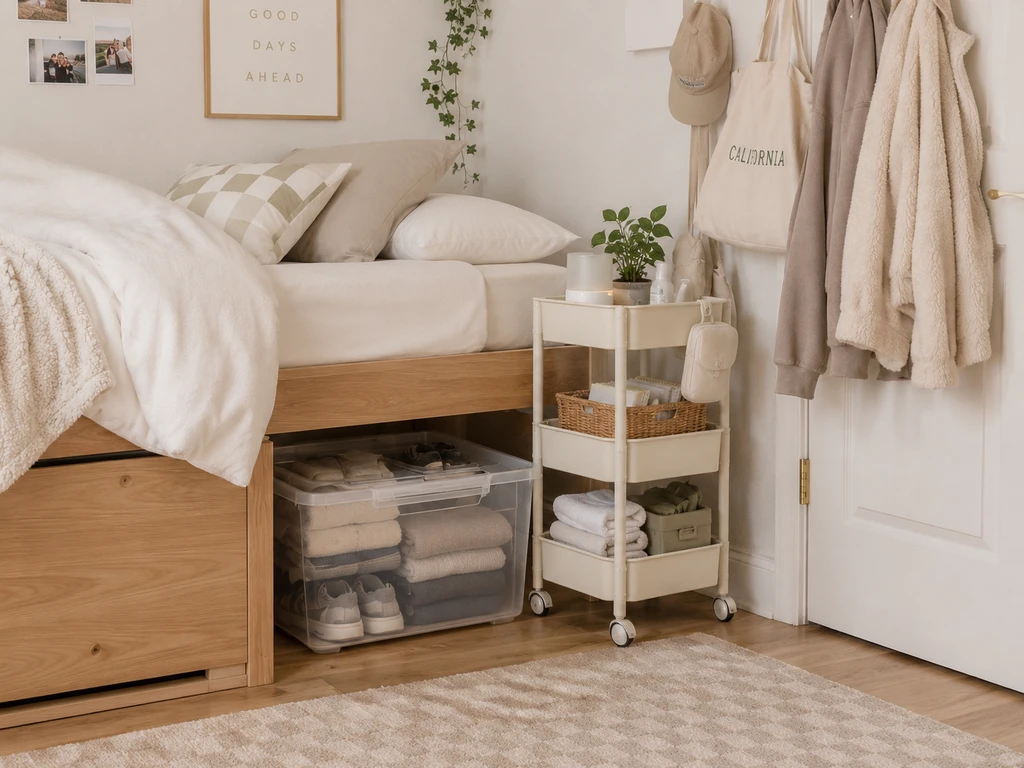 Photorealistic dorm room showing under-bed storage bins, a rolling cart, and over-the-door hooks, highlighting ai dorm room design ideas and smart ai-powered small space organization tips.