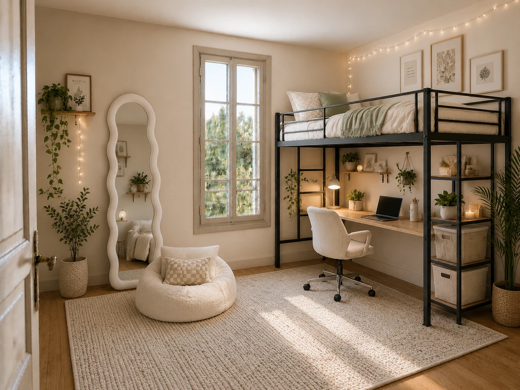 Ultra-realistic cozy dorm room showcasing ai dorm room design ideas and virtual staging, with smart organization and personalized decor for student housing.