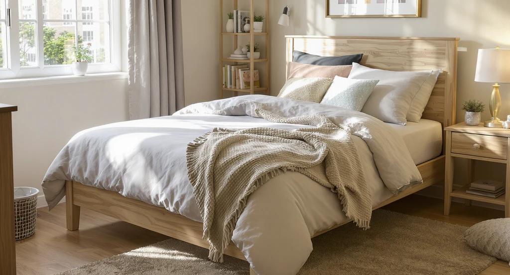 Ultra-realistic virtual staging for student housing using ai dorm room design ideas: twin XL bed with plush bedding, throw pillows, and soft blanket, showcasing ai-powered small space organization tips for college students.