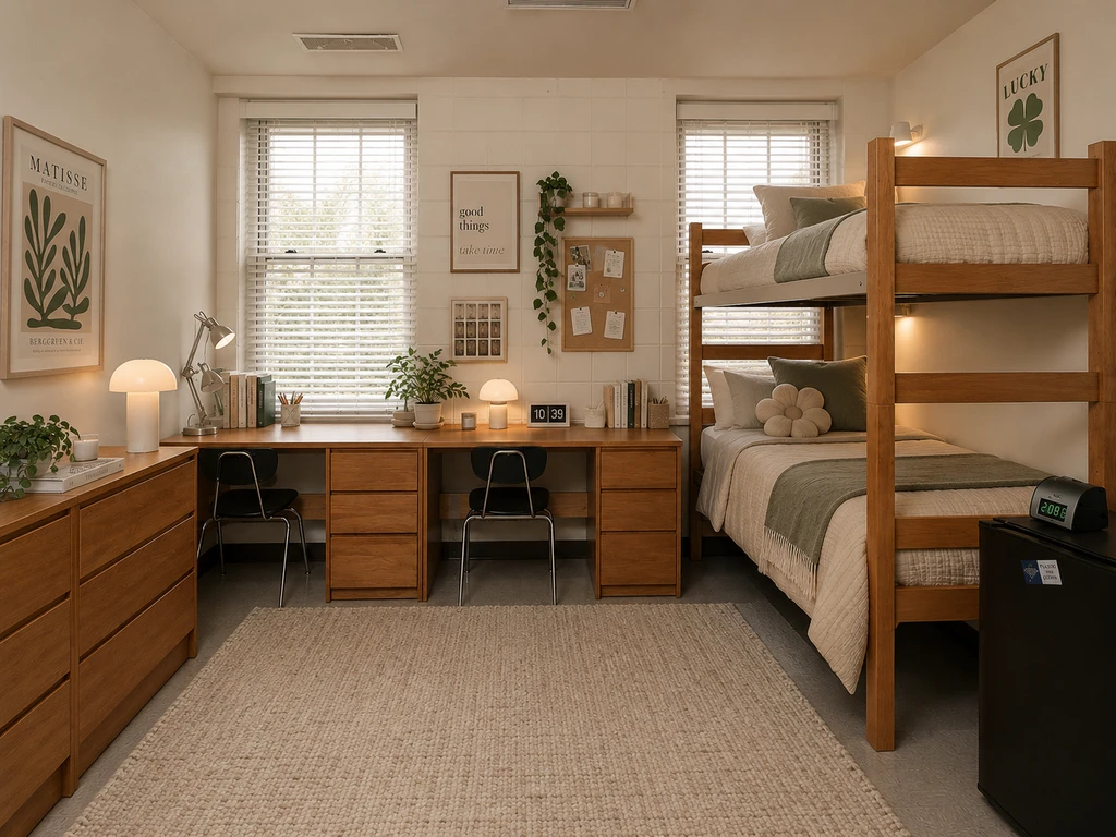 Photorealistic dorm room corner with a cozy blanket, childhood stuffed animal, printed photos, favorite mug, and souvenirs, showcasing ai dorm room design ideas and virtual staging for student housing with ai for personalizing spaces.