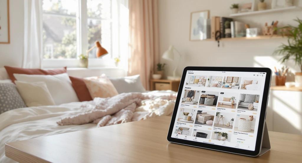 A photorealistic dorm room styled with AI recommendations, displaying bedding, pillows, desk lamp, and organizers alongside a tablet showing shoppable decor and art. AI dorm room design platform, how to visualize dorm room with AI, AI interior design tool for college students, personalized dorm decorating using artificial intelligence, budget dorm makeover with AI recommendations.