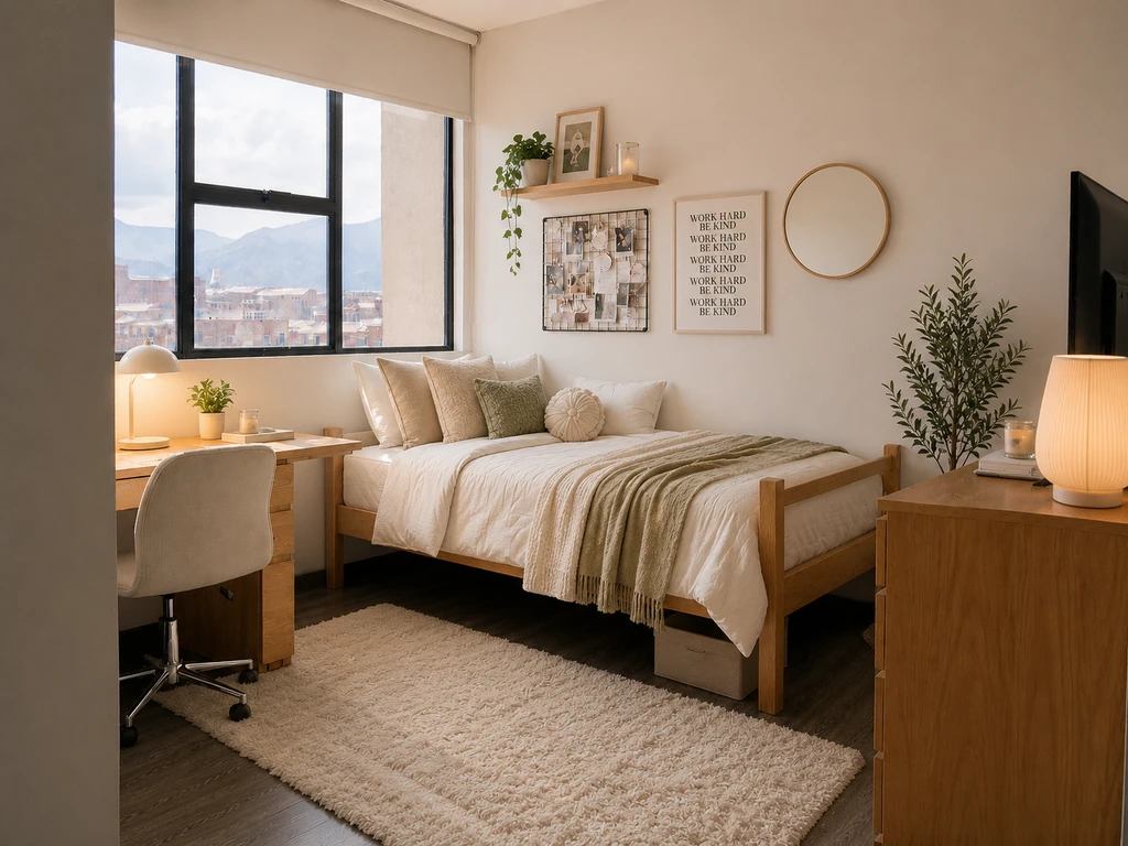 Modern dorm room designed using an AI dorm room design platform, showing a laptop with AI interior design tool, personalized decor, and practical storage solutions for a budget dorm makeover with AI recommendations.