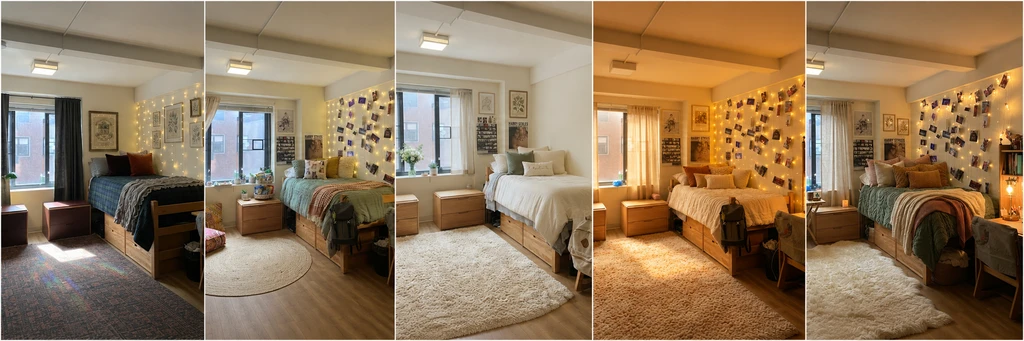 A hyper-realistic dorm room split into four decor styles—boho, modern, preppy, and pastel-core—with a tablet showing AI dorm room design platform, illustrating how to visualize dorm room with AI, using an AI interior design tool for college students, personalized dorm decorating using artificial intelligence, and budget dorm makeover with AI recommendations.