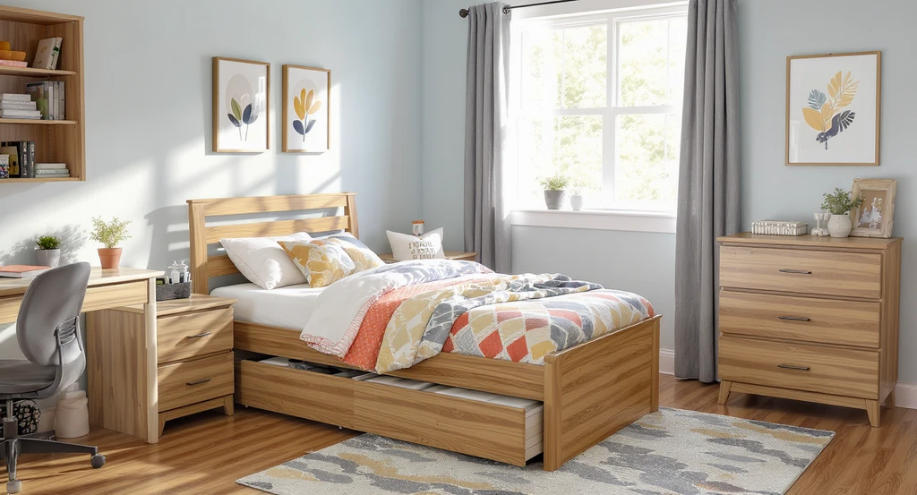 Photorealistic college dorm room designed with AI dorm room design platform, showing how to visualize dorm room with AI, using school-issued bed, desk, and dresser, personalized with budget dorm makeover using AI interior design tool for college students.