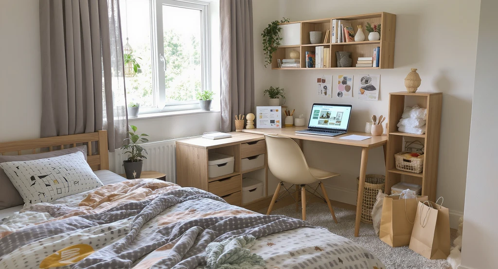 Photorealistic organized college dorm room designed with an AI dorm room design platform, featuring a laptop with AI interior design tool, mood board, color-coordinated bedding, snack zone, and budget dorm makeover recommendations displayed for college students.