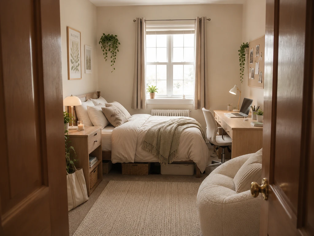 A realistic dorm room with a laptop displaying an AI dorm room design platform previewing new décor over the actual space, showcasing how to visualize dorm room with AI, using an AI interior design tool for college students for personalized dorm decorating using artificial intelligence and budget dorm makeover with AI recommendations.