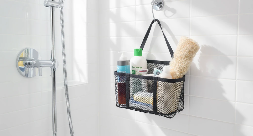 Photorealistic dorm bathroom features a mesh shower caddy holding essentials on a tiled shower wall, showcasing ai bathroom design tool for dorms and virtual dorm bathroom visualization ai for the best layout in small shared spaces.