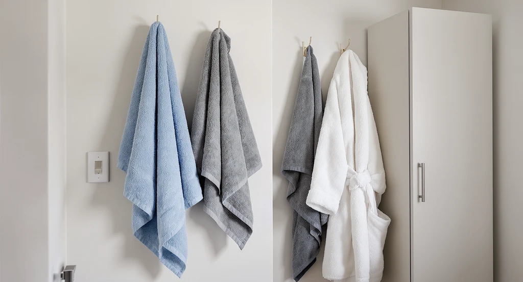 Dorm room corner with microfiber towels on hooks, wearable bathrobe, and towel wrap displayed, using ai bathroom design tool for dorms and tips for small bathroom layout.