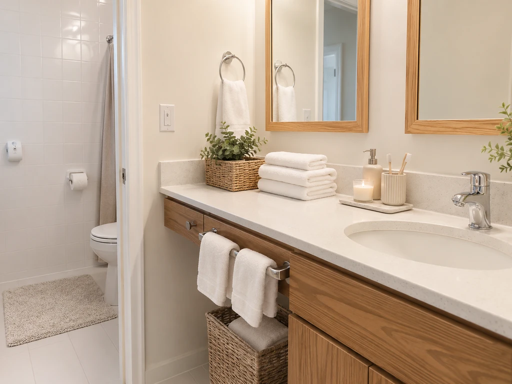 A modern dorm bathroom with essential items like towels, shower caddies, toiletries, and storage, visualized using ai bathroom design tools for dorms and virtual dorm bathroom visualization ai. Editorial, photorealistic rendering of a small shared bathroom, showcasing the best ai layout for shared bathrooms and smart dorm bathroom planning.
