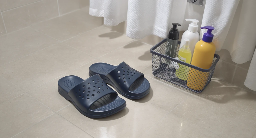 A pair of slide-style shower shoes with drainage holes and grippy soles sits beside a mesh shower caddy on clean dorm bathroom tiles, created with an ai bathroom design tool for dorms, virtual dorm bathroom visualization ai, and best ai layout for shared bathrooms, showcasing ai home design tips for small bathrooms and effective use of ai for dorm bathroom planning.