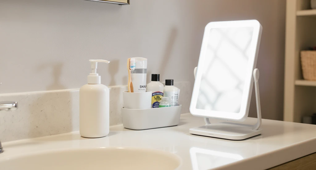 Editorial image of a dorm bathroom countertop with travel-size toiletries in a caddy, compact LED mirror, and smart storage, created using ai bathroom design tool for dorms and virtual dorm bathroom visualization ai for best ai layout for shared bathrooms and ai home design tips for small bathrooms in dorms.